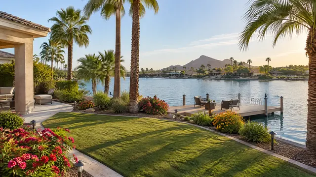 Lakefront backyard in Tempe with palms, a small lawn, flower beds and a dock on the water