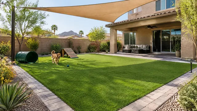 Lush green artificial turf backyard with clean paver borders, a dog play area and a shade sail, Arizona stucco home in the background