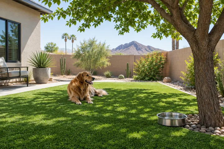 Pet-friendly artificial turf area with a dog bowl and a shade tree