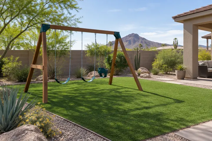 Artificial turf play area with a swing set in an Arizona backyard
