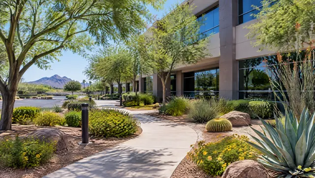 Manicured commercial office park landscape in Tempe, Arizona: desert planting beds, shade trees, decomposed granite and clean walkways in front of a modern low-rise office building