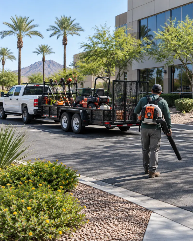 Landscape crew truck and trailer with mowers and tools parked at a commercial property, crew member seen from behind with a blower