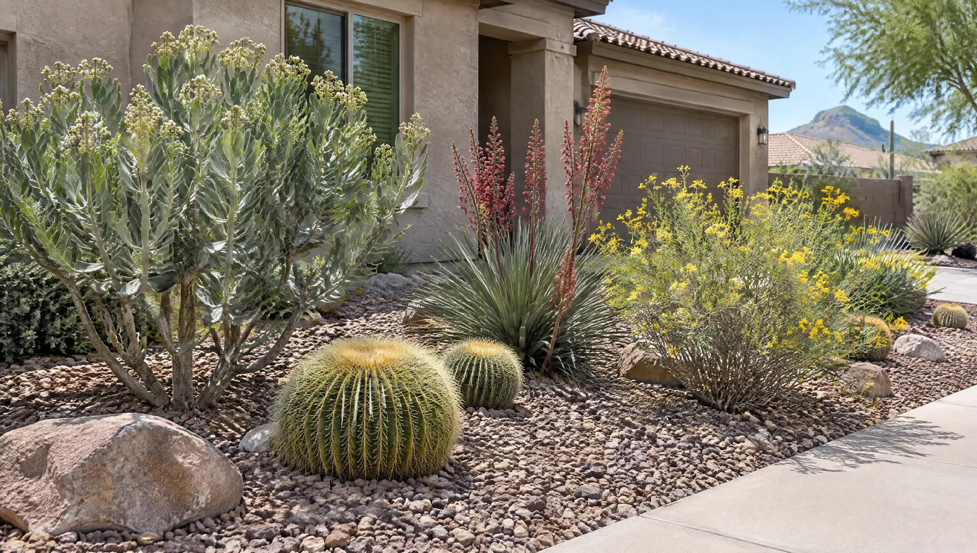 Xeriscape front yard with desert spoon, golden barrel cactus, red yucca, brittlebush and rock mulch replacing a former lawn, low-water landscape