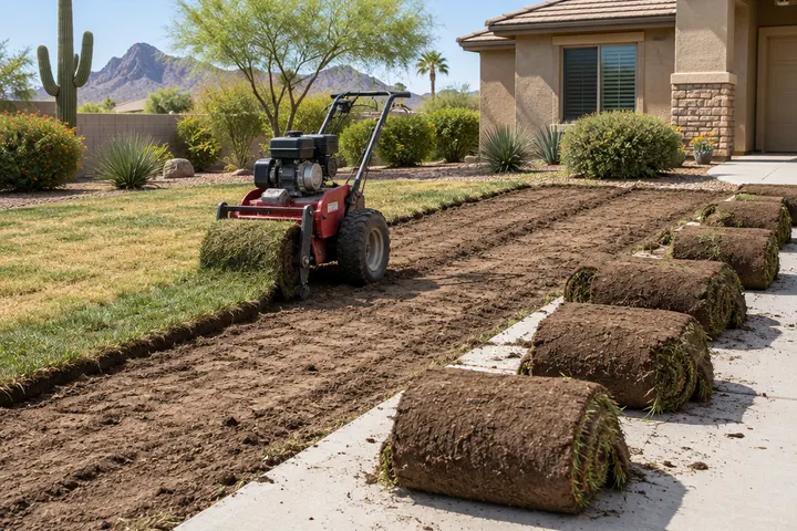 Old lawn being removed with a sod cutter, rolled strips of grass on the driveway