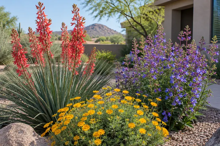 Flowering desert plants: red yucca, desert marigold and penstemon in bloom