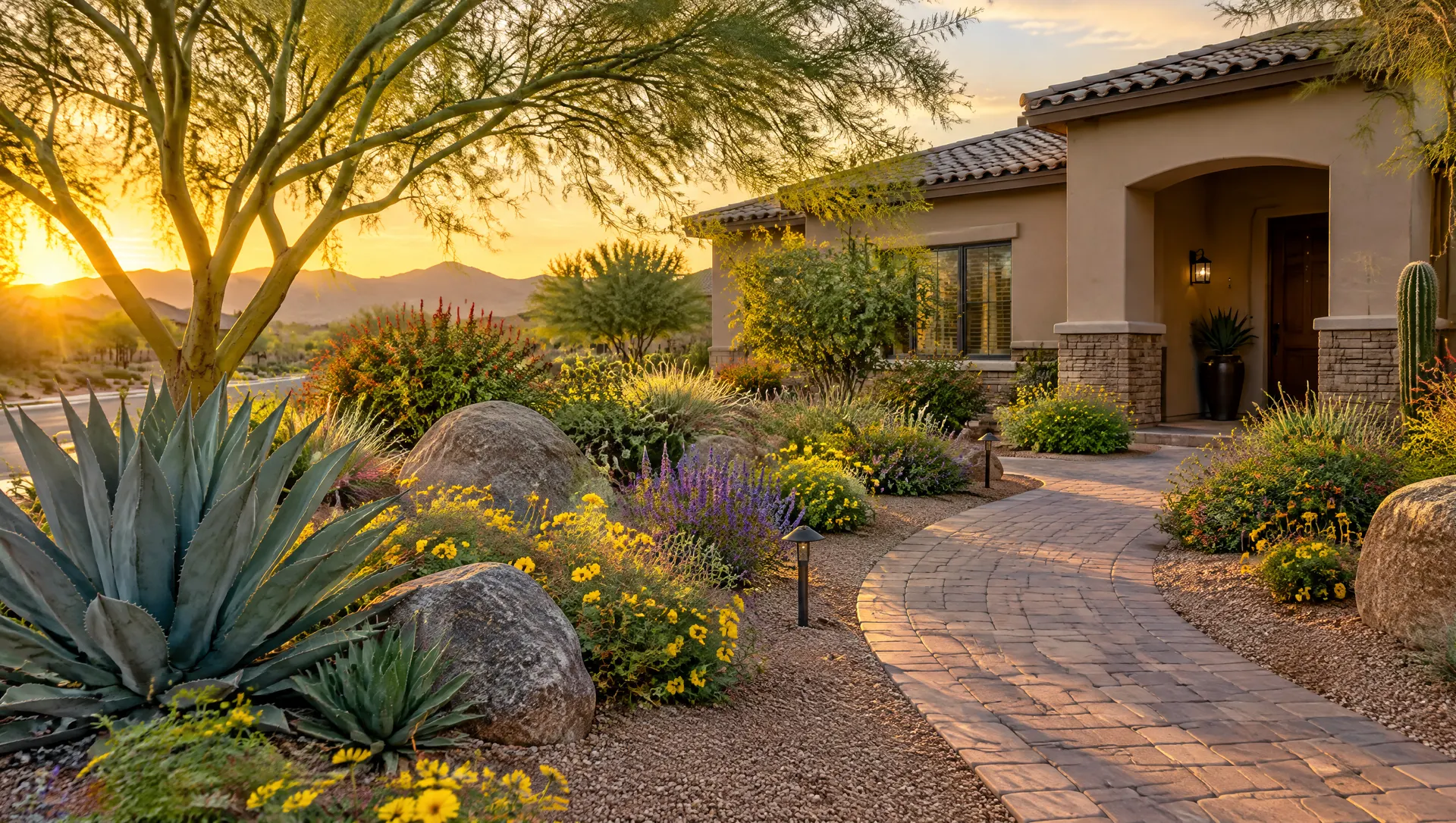 Beautifully landscaped Tempe front yard with decomposed granite, boulders, agave, palo verde tree, desert wildflowers and a curved paver walkway leading to a stucco home, golden hour light