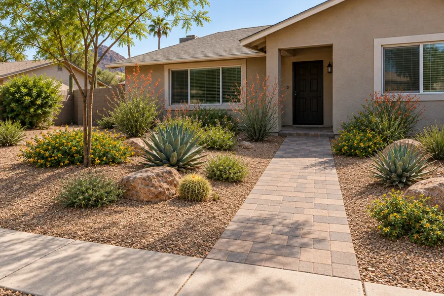 The same Tempe front yard after landscaping: desert plants, decomposed granite, boulders, a new paver walkway and a shade tree