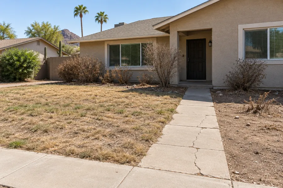 Tempe front yard before landscaping: patchy brown lawn, dead shrubs, bare dirt along the walkway and a cracked concrete path, single-story stucco house