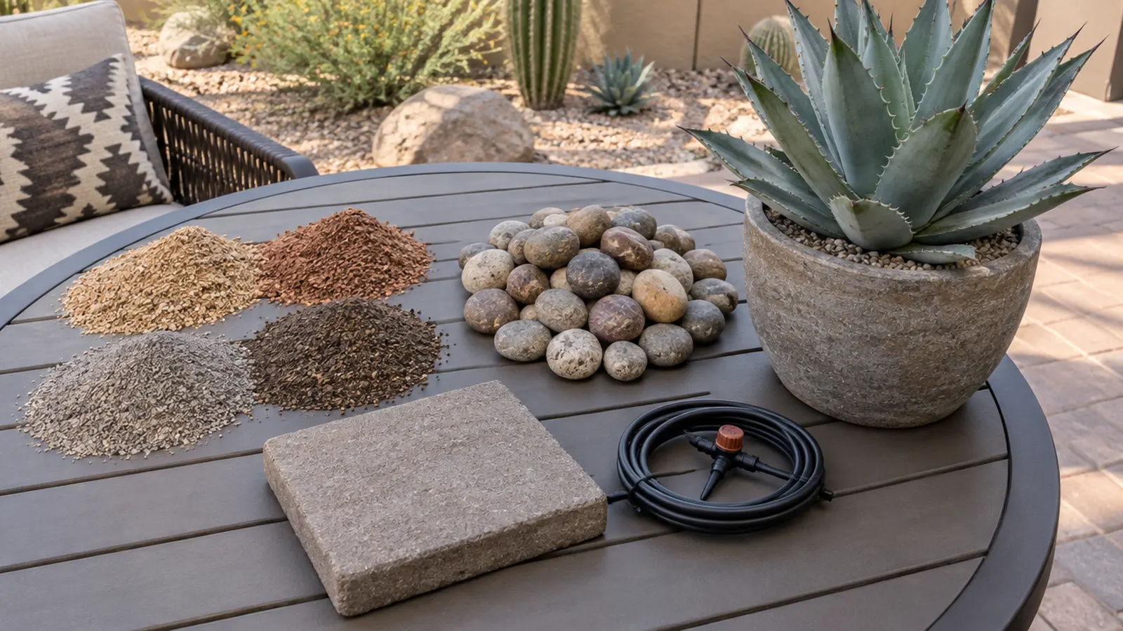 Samples laid out on a patio table for a landscape project: decomposed granite colors, river rock, a paver sample, a drip emitter and a potted agave