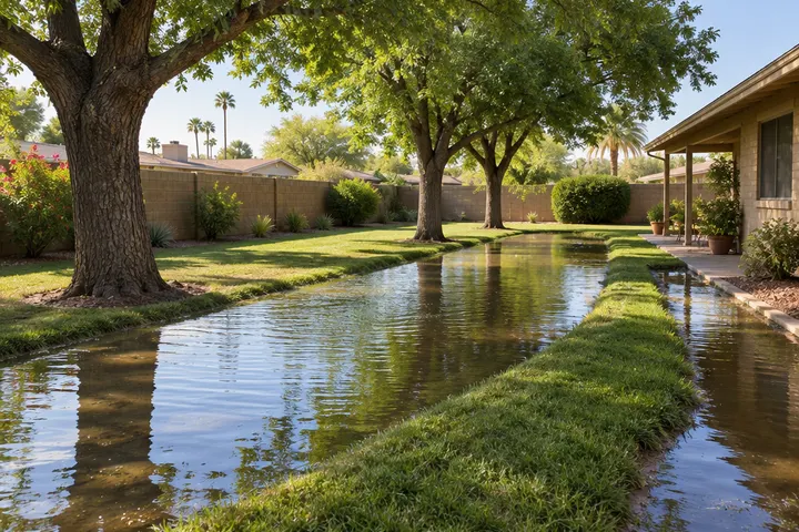 Flood-irrigated backyard lawn with water standing between berms under mature trees in an older Tempe neighborhood