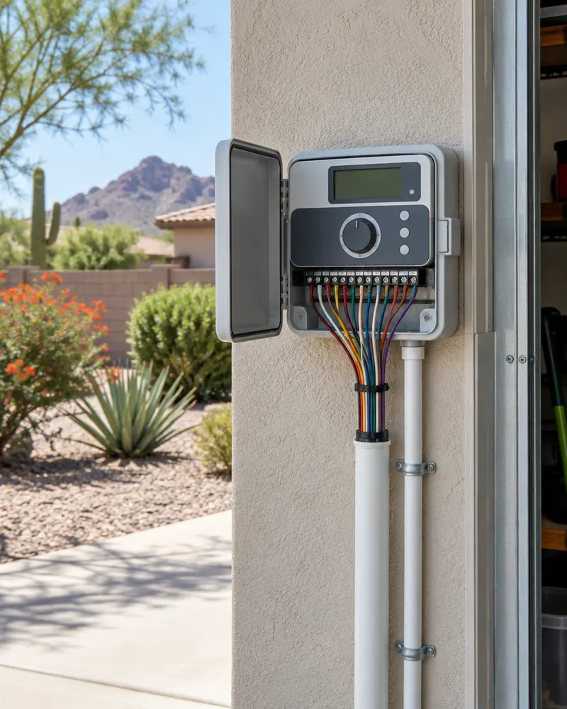 Smart irrigation controller mounted on a garage wall with zone wires neatly connected