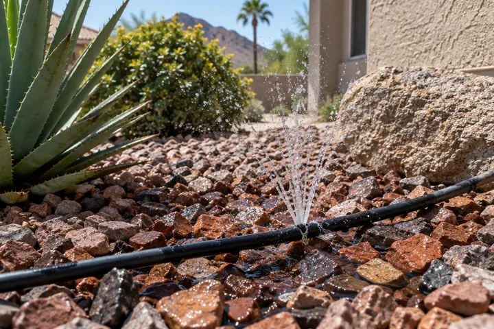 Broken drip line spraying a small fountain of water in rock mulch