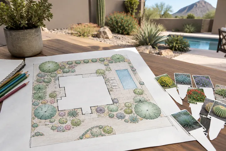 Hand-drawn landscape plan with plant symbols on a table next to plant tags