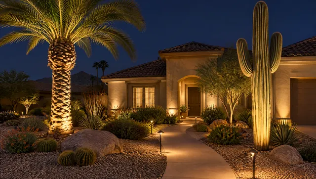 Desert front yard at night with warm landscape uplights on a palm tree and saguaro, path lights along a walkway and soft lighting on the stucco facade