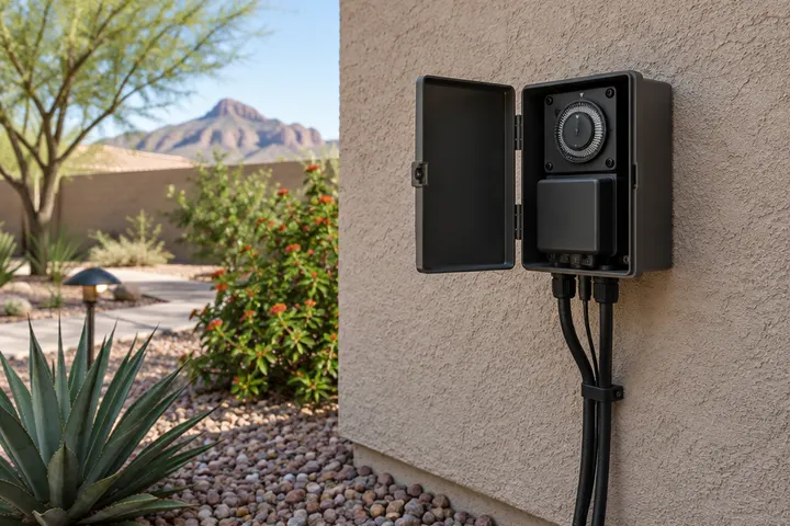 Low-voltage landscape lighting transformer with timer mounted on a stucco wall