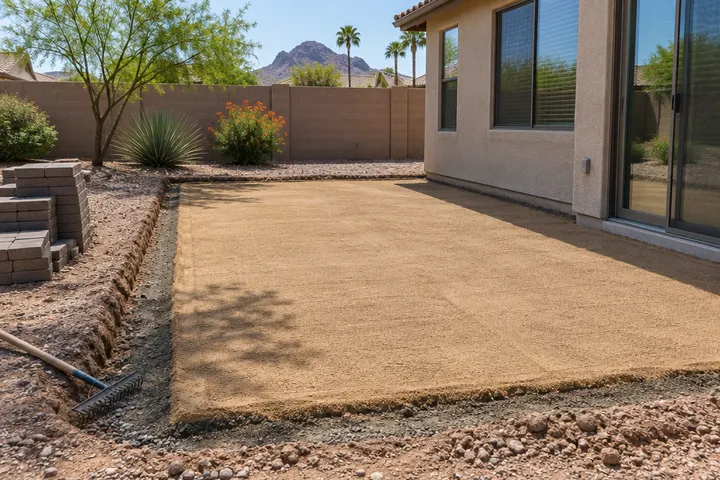 Excavated patio area with compacted base and sand bedding ready for pavers