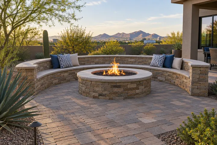 Round fire pit with seat wall on a paver patio