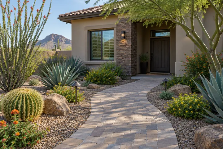 Curved paver walkway through desert landscaping to a front door