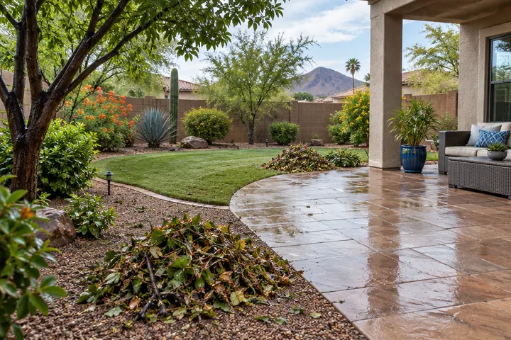 Backyard after a monsoon cleanup: leaves and debris raked into piles, patio swept, plants upright