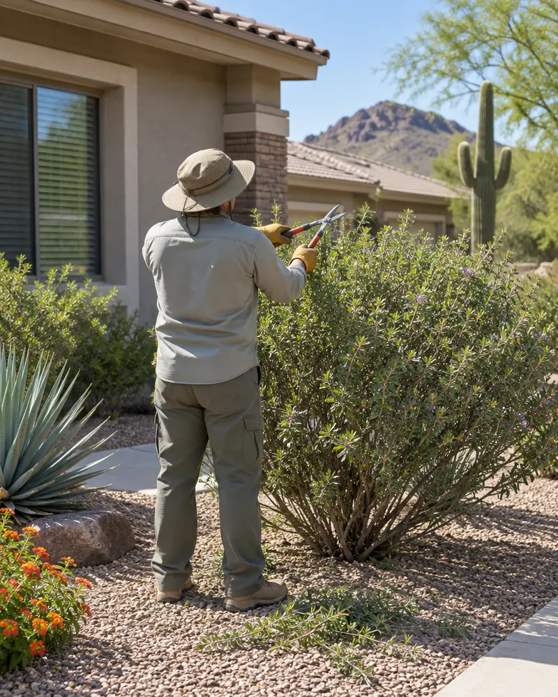 Landscaper in work gloves and a hat, seen from behind, pruning a desert shrub in a tidy residential front yard