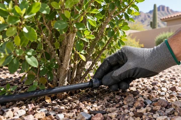 Gloved hand adjusting a drip emitter at the base of a shrub during an irrigation check