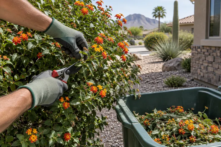 Hand pruners shaping a flowering desert shrub with clippings collected in a bin